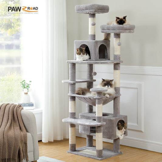 H184CM Large Cat Tower with Sisal Scratching Posts Spacious Condo Perch Stable for Kitten Multi-Level Tower Indoor Cozy Hummocks