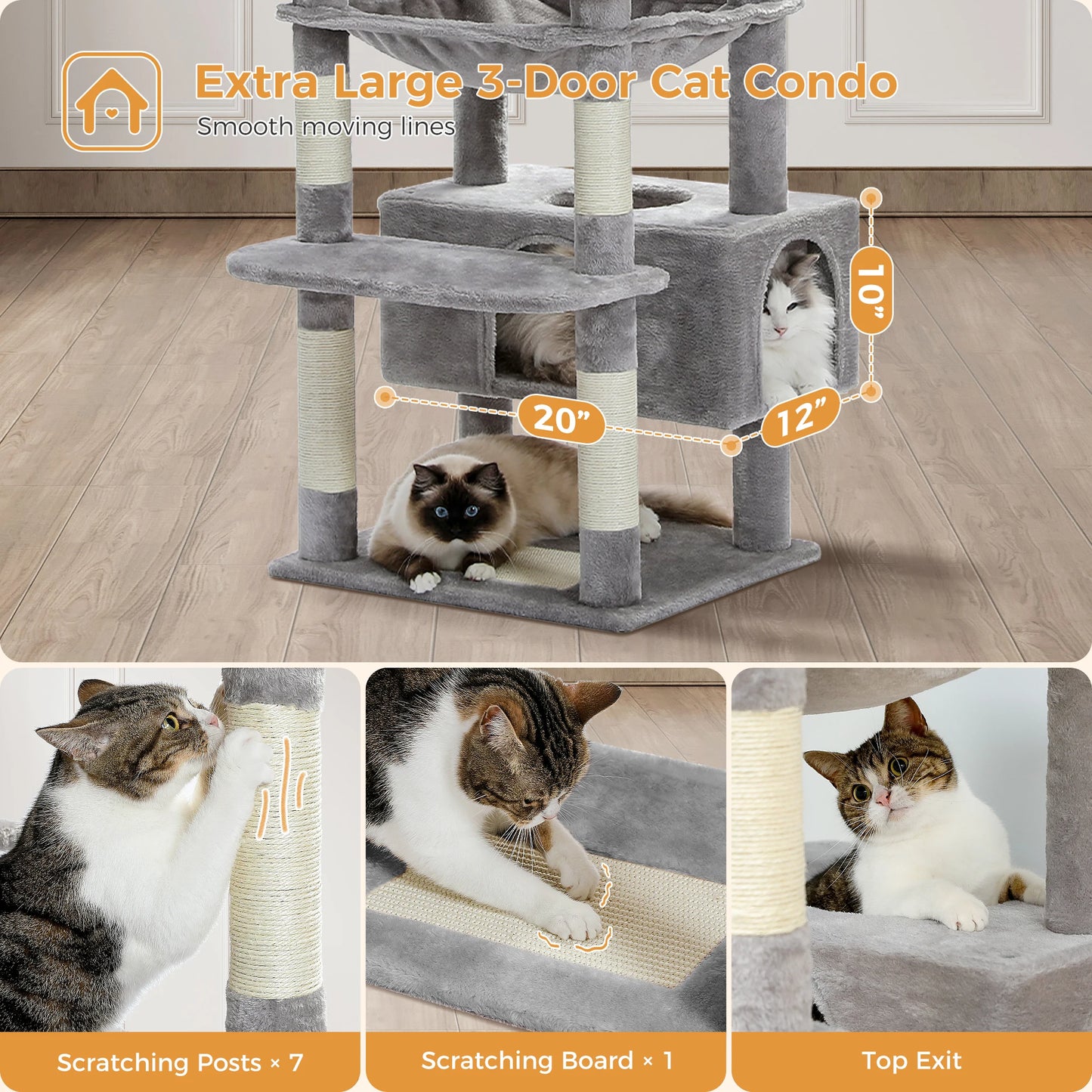 H184CM Large Cat Tower with Sisal Scratching Posts Spacious Condo Perch Stable for Kitten Multi-Level Tower Indoor Cozy Hummocks