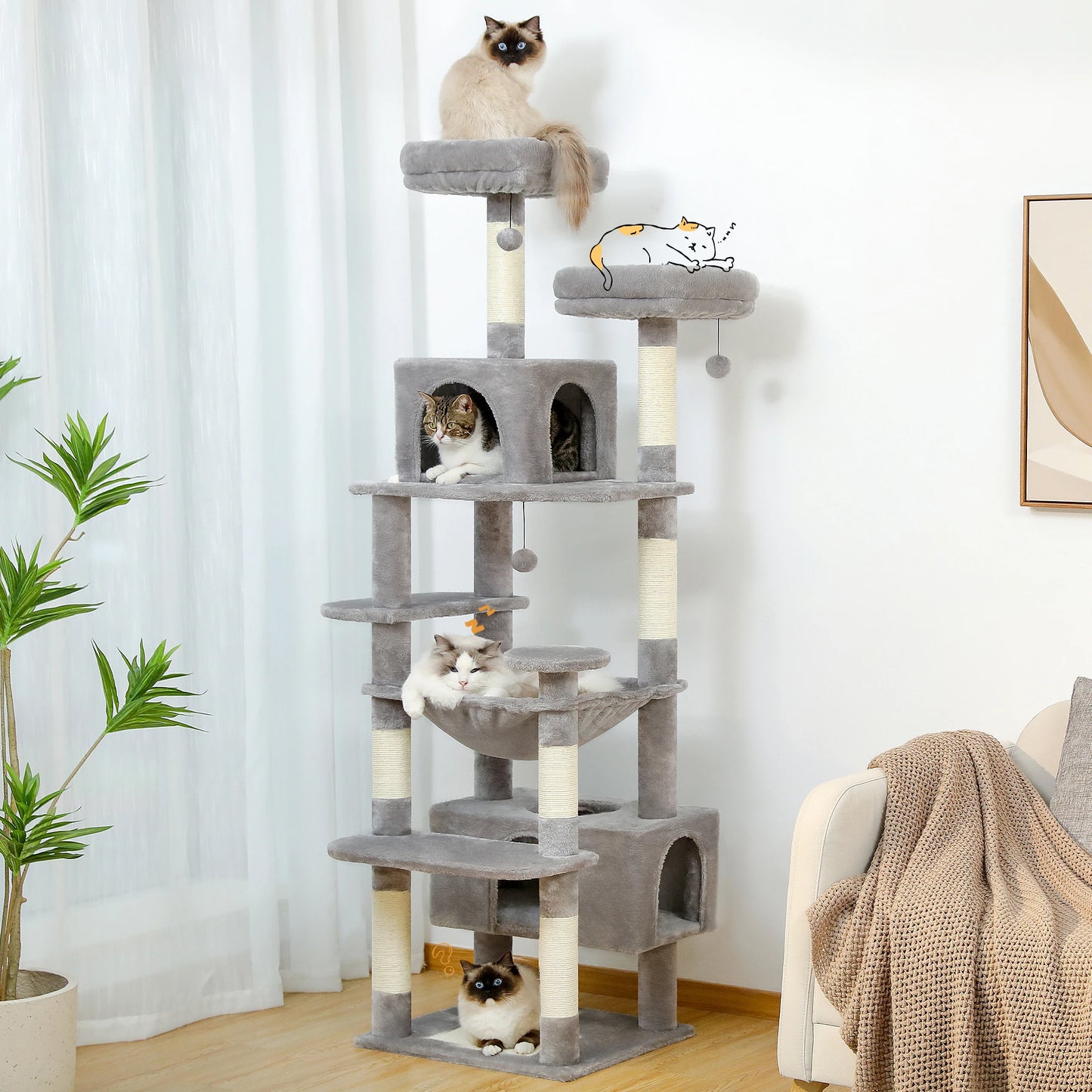 H184CM Large Cat Tower with Sisal Scratching Posts Spacious Condo Perch Stable for Kitten Multi-Level Tower Indoor Cozy Hummocks