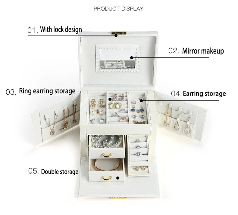 2021 Newly Jewelry Storage Box Large Capacity Portable Lock With Mirror Jewelry Storage Earrings Necklace Ring Jewelry Display