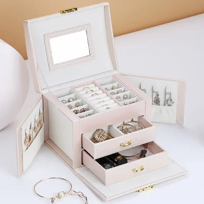 2021 Newly Jewelry Storage Box Large Capacity Portable Lock With Mirror Jewelry Storage Earrings Necklace Ring Jewelry Display