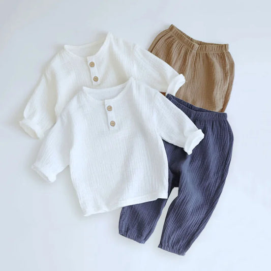 2PCS Spring Baby Boy Clothes Sets 0-4Y Toddler Kids Muslin Organic Cotton Long Sleeve T-shirt + Loose Pants Children Outfits