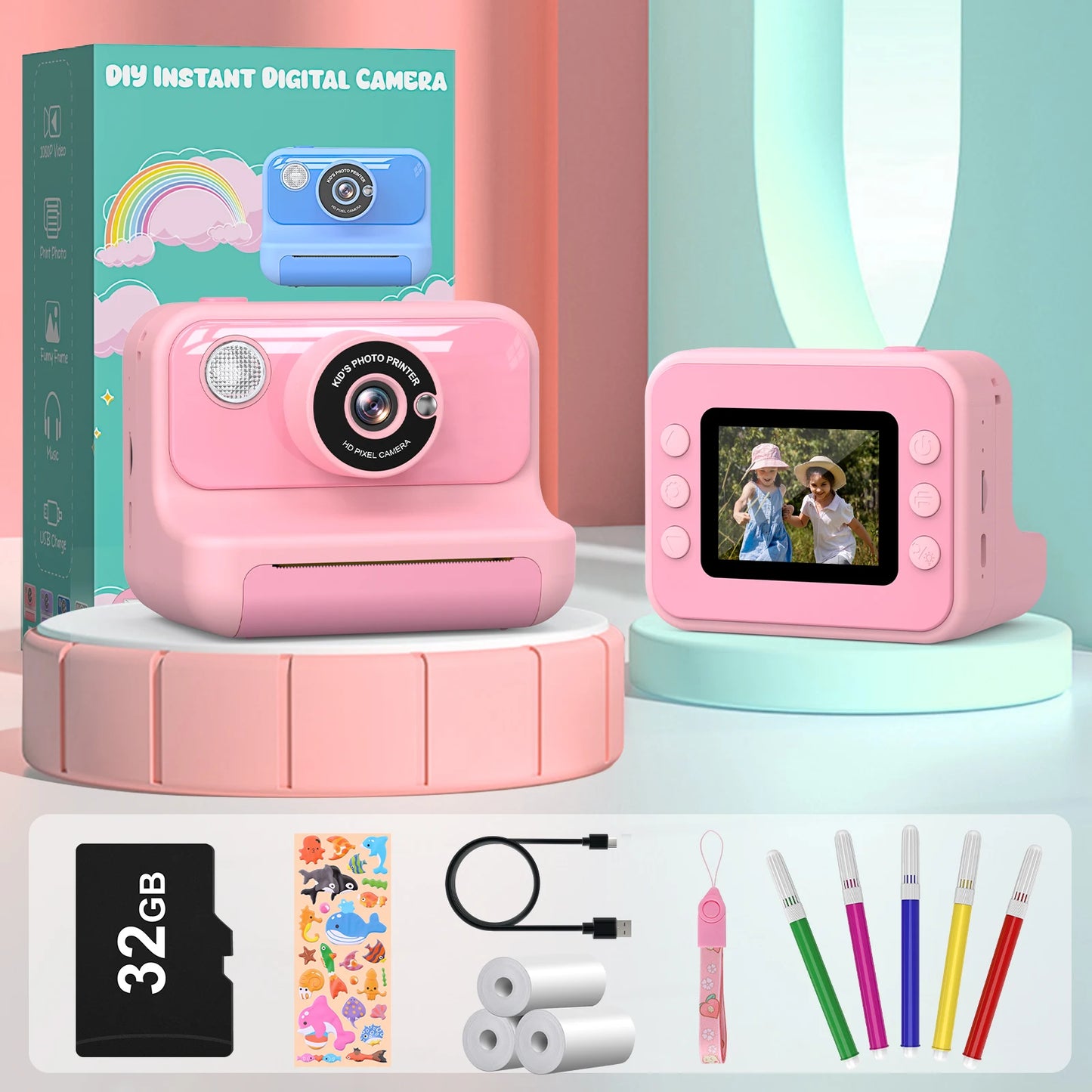 Gofunly 2.4" Kids Instant Camera, Kids Camera with 32G Card, 1080P Instant Camera for Kids with Printing Paper Toy Gifts