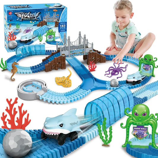 Track Toys Shark Race Car Toy for Boys Girls Age 3+ Bendable Flexible Racetrack Cars Ocean Train Toy STEM Educate Kid Set