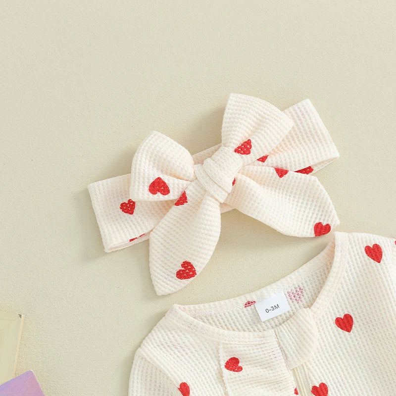 0-6M Newborn Baby Girl Valentines Day Outfit Ruffle Heart Long Sleeve Footie Waffle Romper Headband Set