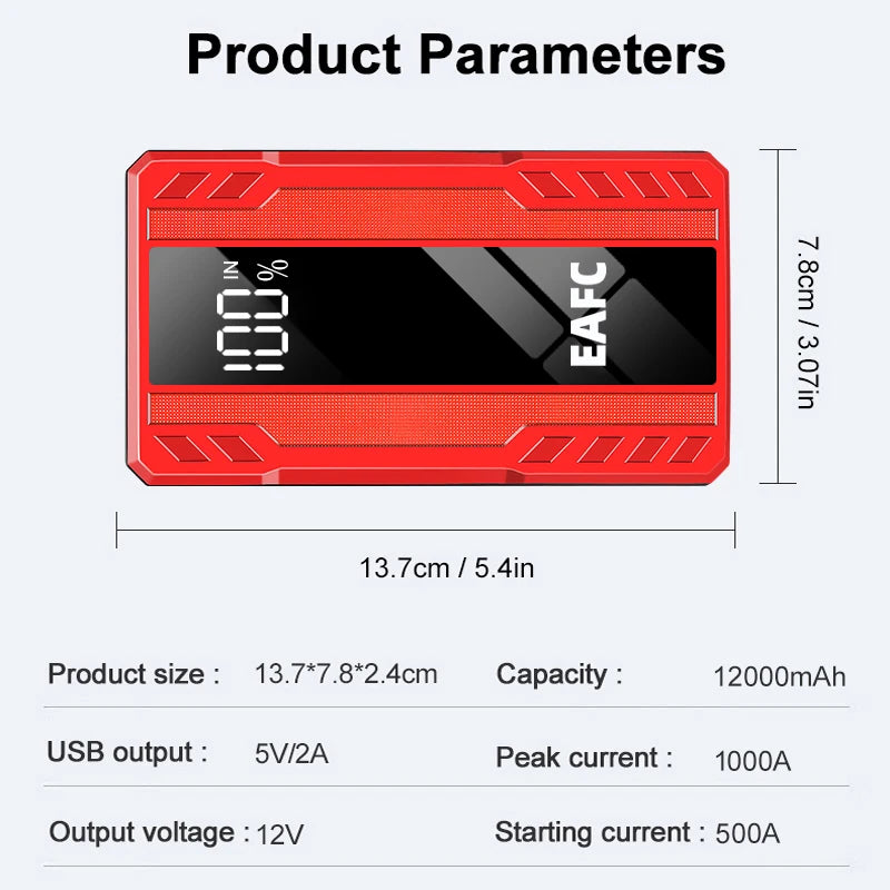 EAFC 1000A Car Jump Starter Power Portable PowerBank 12VAuto Emergency Start Battery Starting Device Booster with LED Light