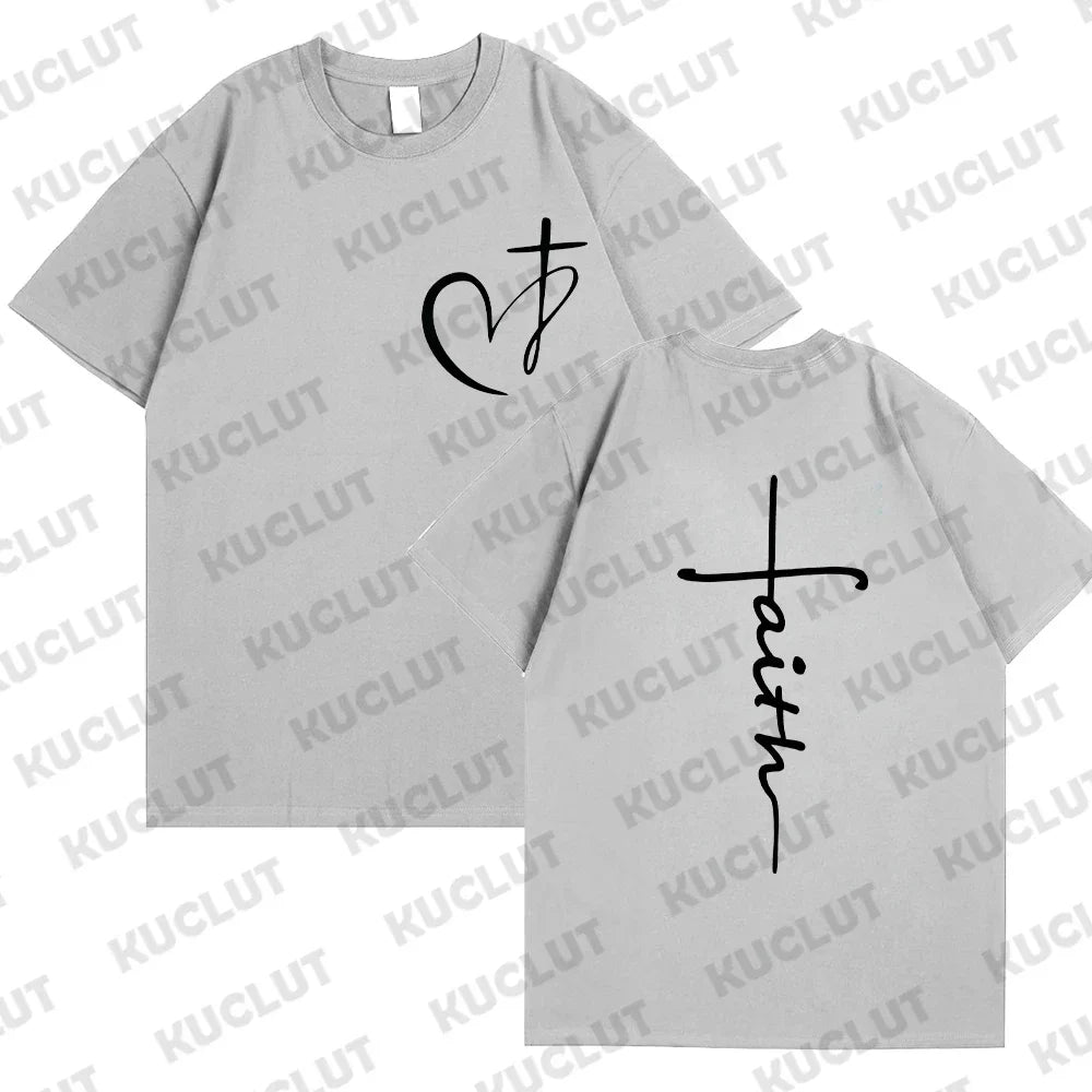 Heart Cross Print Christian T-shirt for Men Clothes Faith Male T-shirts Summer Plus Size Tee Shirt Oversized T Shirt Jesus Tops