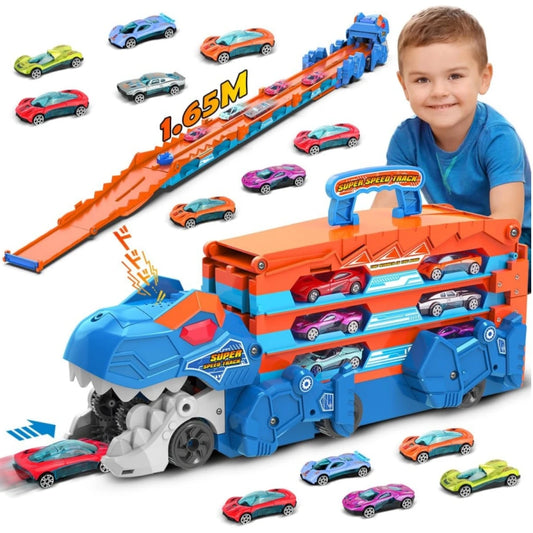 Dinosaur Transport Truck Car Toy 2 in 1 Ejection Folding Track Toys with Sound, Portable Truck Car Toy with 8 Race Cars