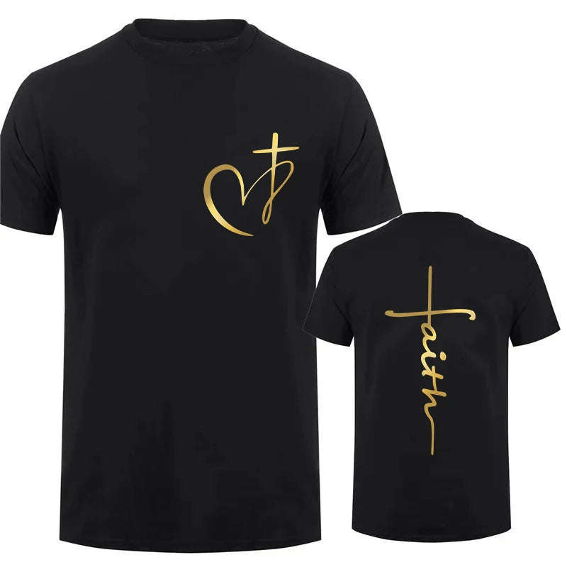 Heart Cross Print Christian T-shirt for Men Clothes Faith Male T-shirts Summer Plus Size Tee Shirt Oversized T Shirt Jesus Tops