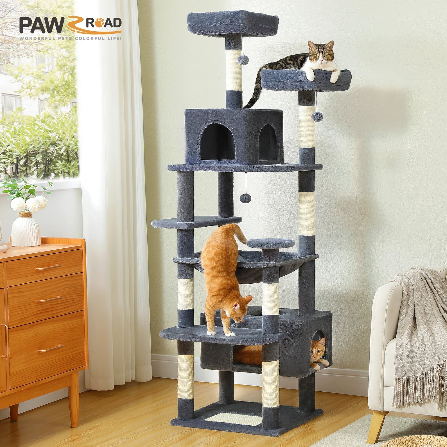 H184CM Large Cat Tower with Sisal Scratching Posts Spacious Condo Perch Stable for Kitten Multi-Level Tower Indoor Cozy Hummocks