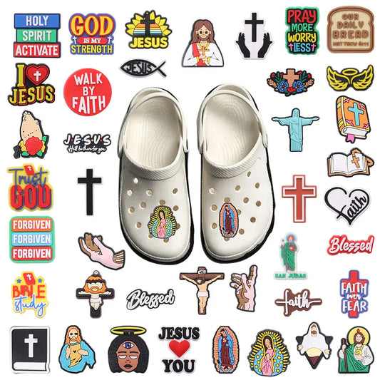 1-40PCS PVC Shoe Charms Buckle God Is My Strength Faith Hand Jesus He'll Be There For You Sandals Shoes Decoration Kid Xmas Gift