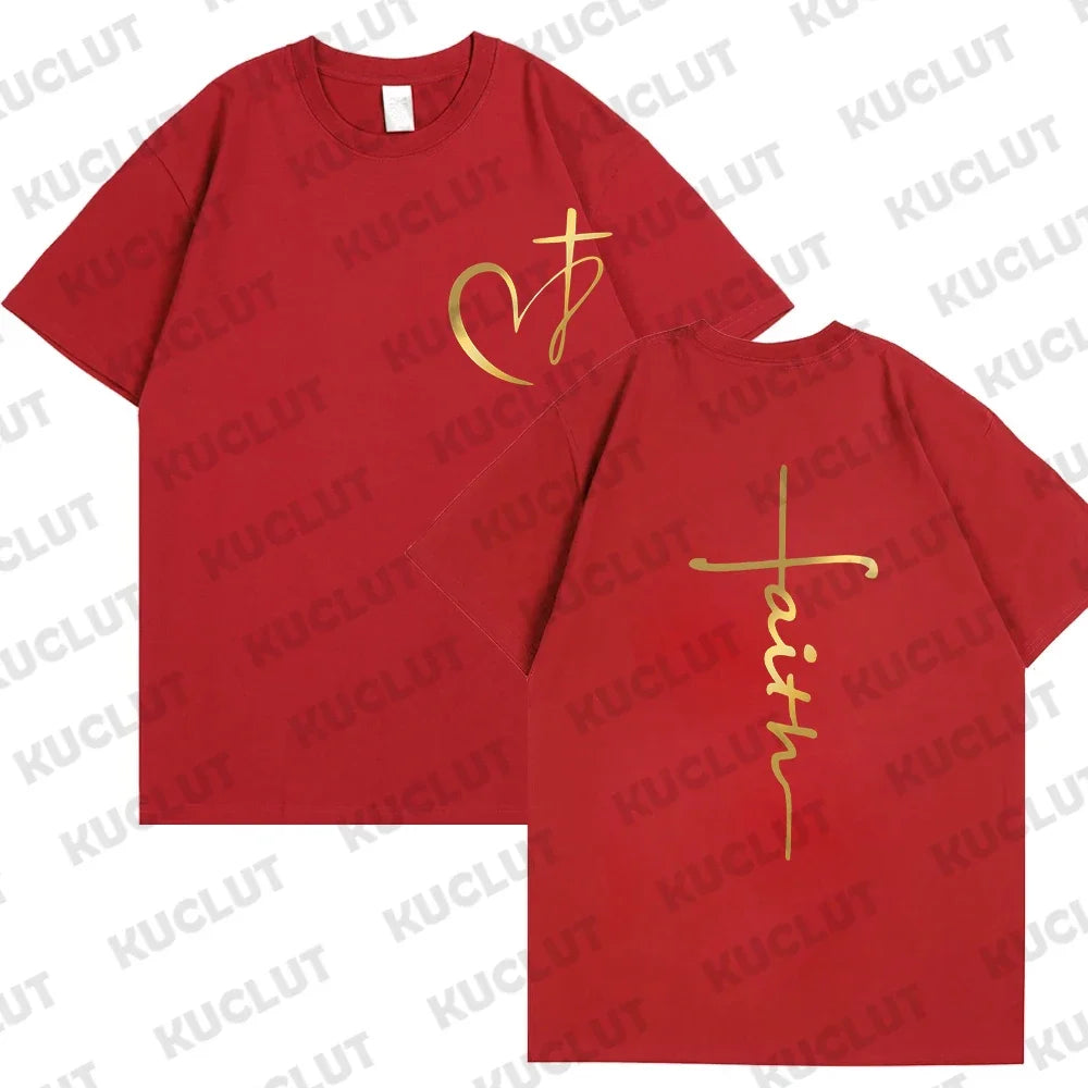 Heart Cross Print Christian T-shirt for Men Clothes Faith Male T-shirts Summer Plus Size Tee Shirt Oversized T Shirt Jesus Tops