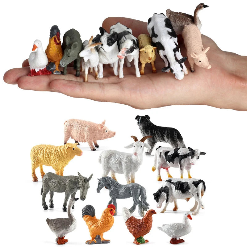 12pcs Simulation Farm Poultry Wild Animals Action Figures Model Rooster Pig Cow Sheep Horse Goose Collie Mini Toy for Children