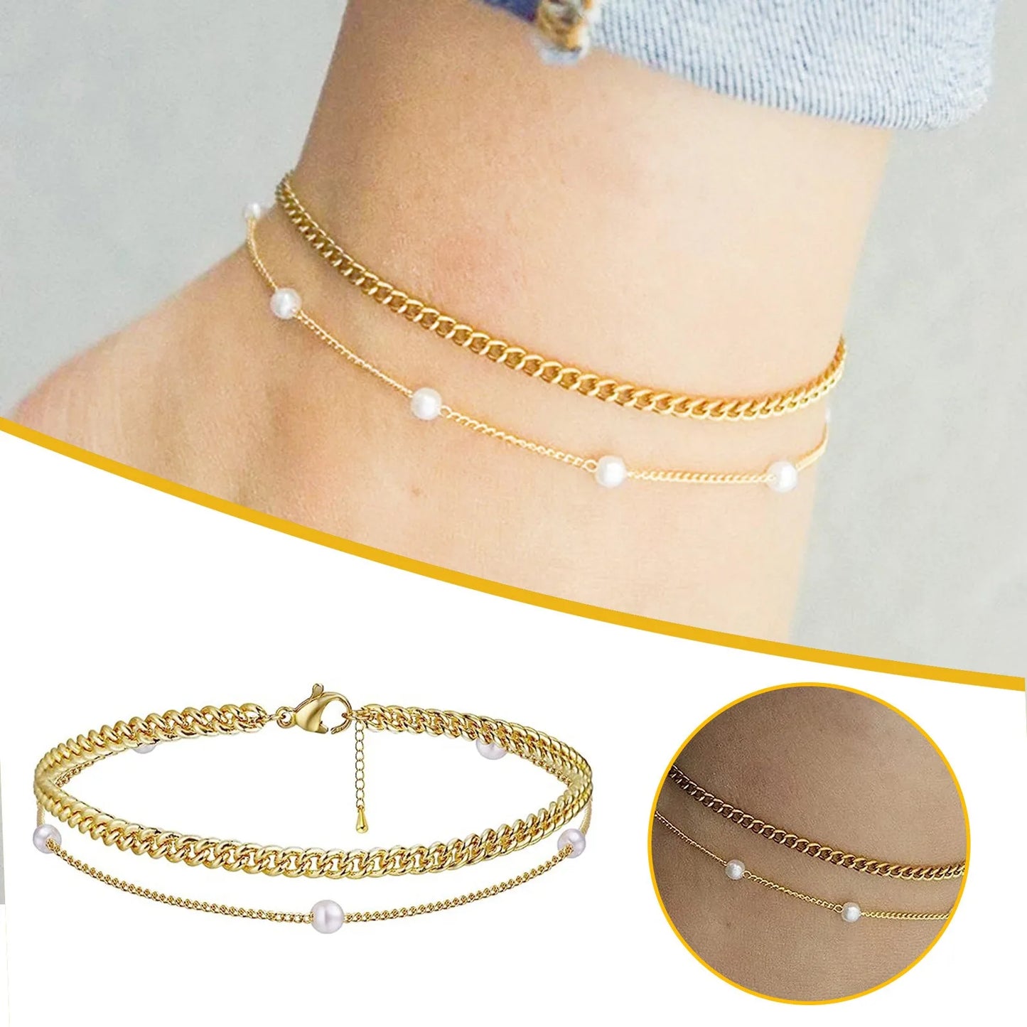 Fashionable Minimalist Foot Accessories For Women Unique Double Layer Handmade Pearl Chain Anklet Elegant