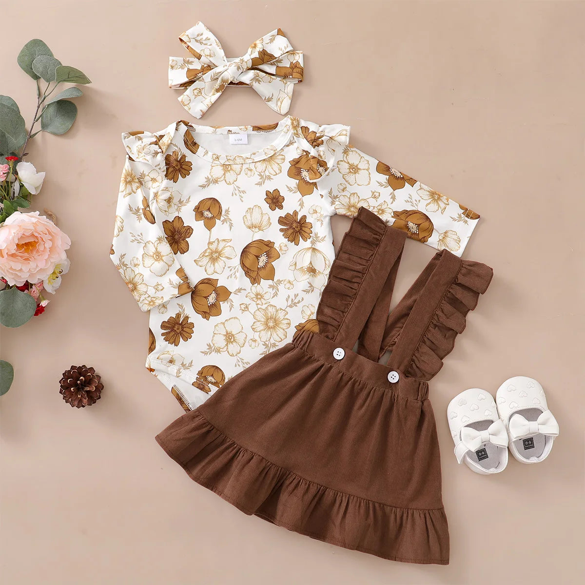 0-12Months Newborn Baby Girl 3PCS Clothes Set Floral Long Sleeve Top+Suspender Skirt+Headwear Fashion Spring&Autumn Daily Outfit