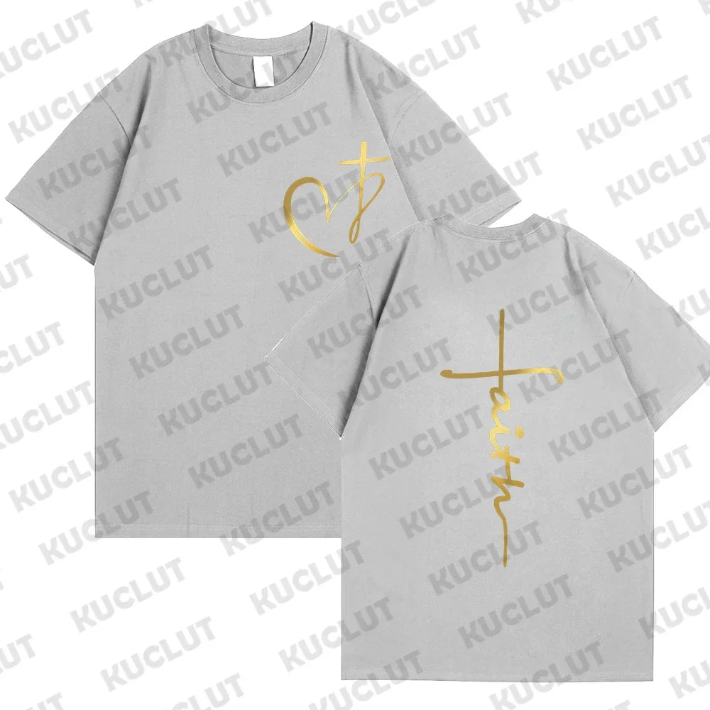 Heart Cross Print Christian T-shirt for Men Clothes Faith Male T-shirts Summer Plus Size Tee Shirt Oversized T Shirt Jesus Tops