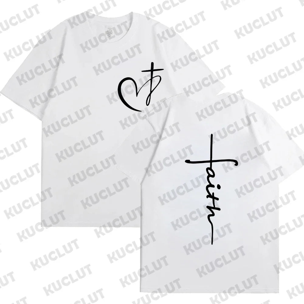 Heart Cross Print Christian T-shirt for Men Clothes Faith Male T-shirts Summer Plus Size Tee Shirt Oversized T Shirt Jesus Tops