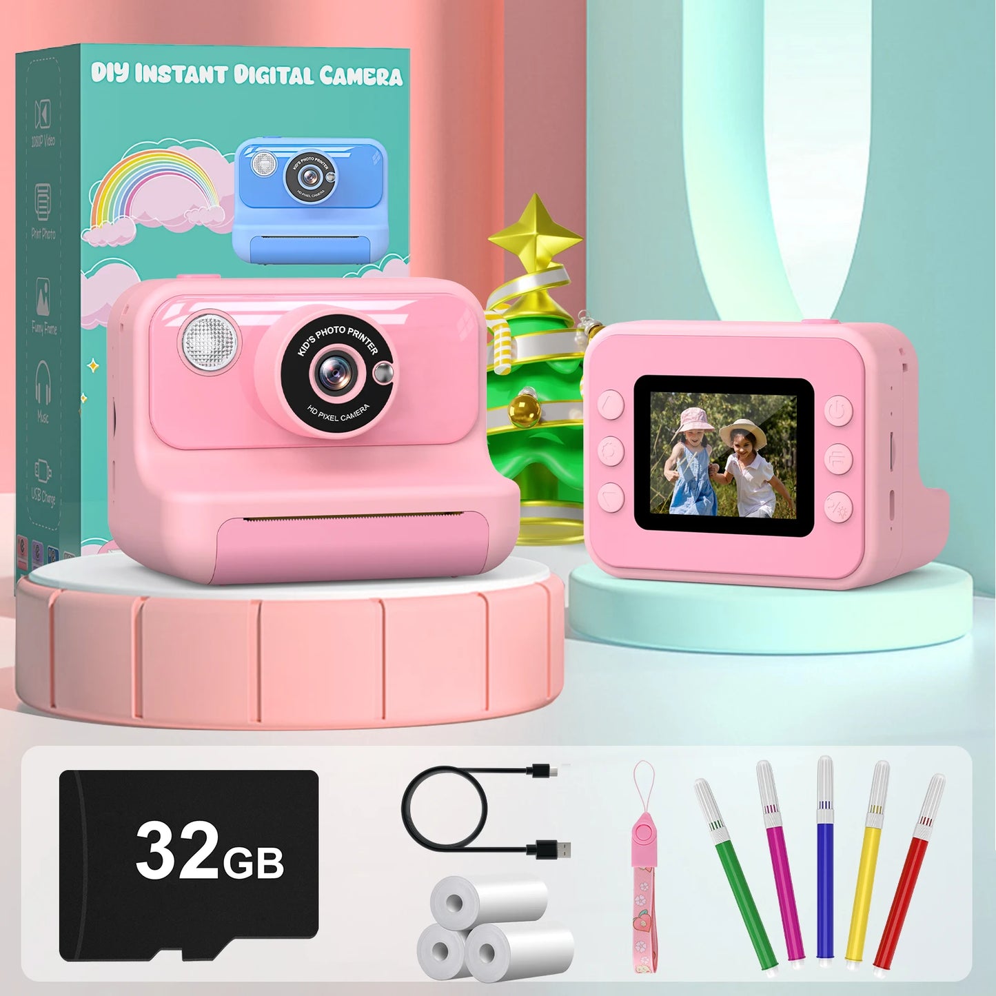 Gofunly 2.4" Kids Instant Camera, Kids Camera with 32G Card, 1080P Instant Camera for Kids with Printing Paper Toy Gifts