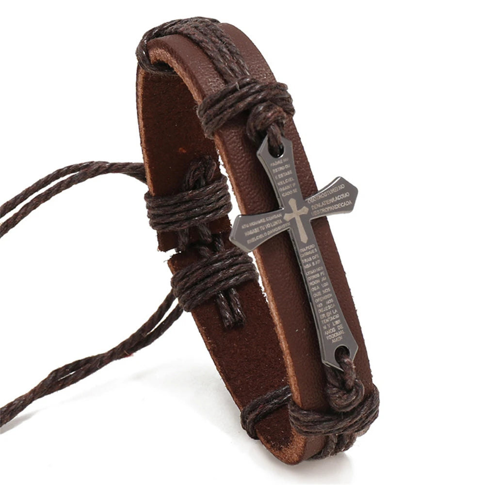 Retro Punk Cross Faith Bracelet For Women Men Religious Braided Leather Adjustable Bracelets Christian Jewelry Gifts