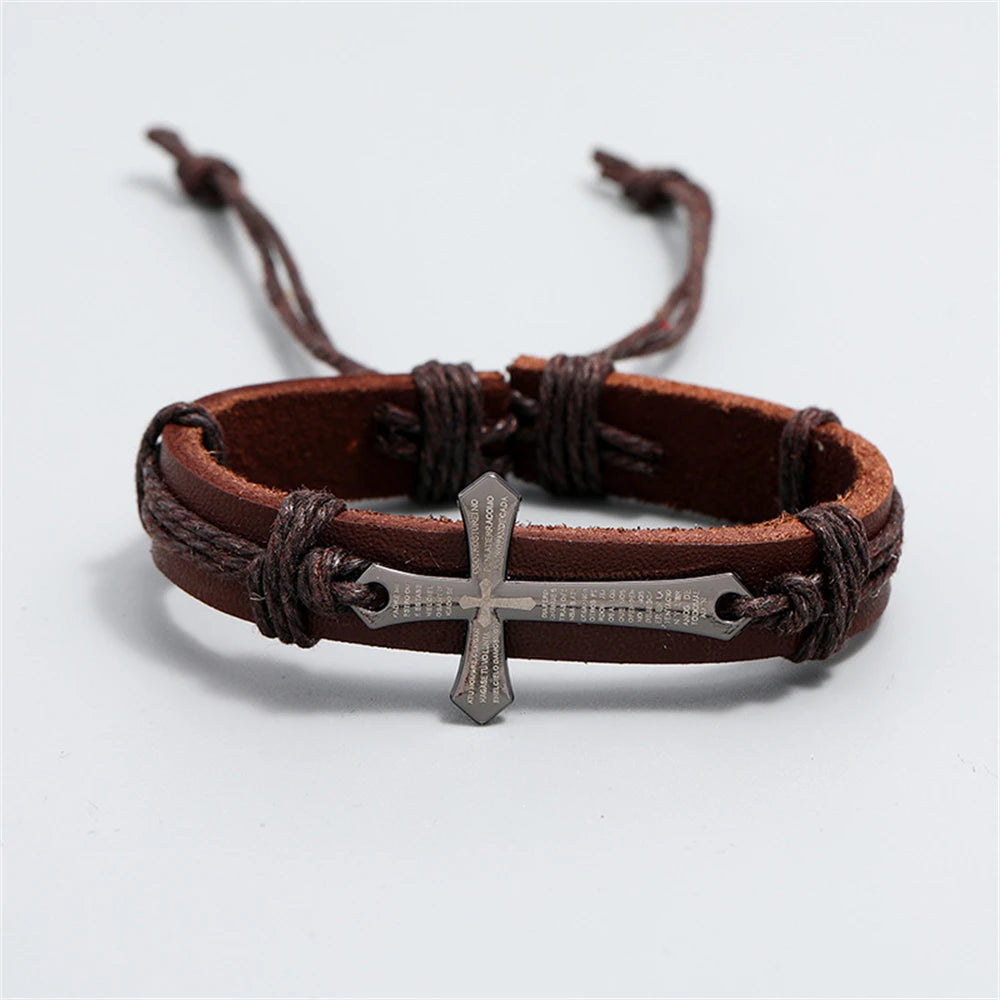 Retro Punk Cross Faith Bracelet For Women Men Religious Braided Leather Adjustable Bracelets Christian Jewelry Gifts