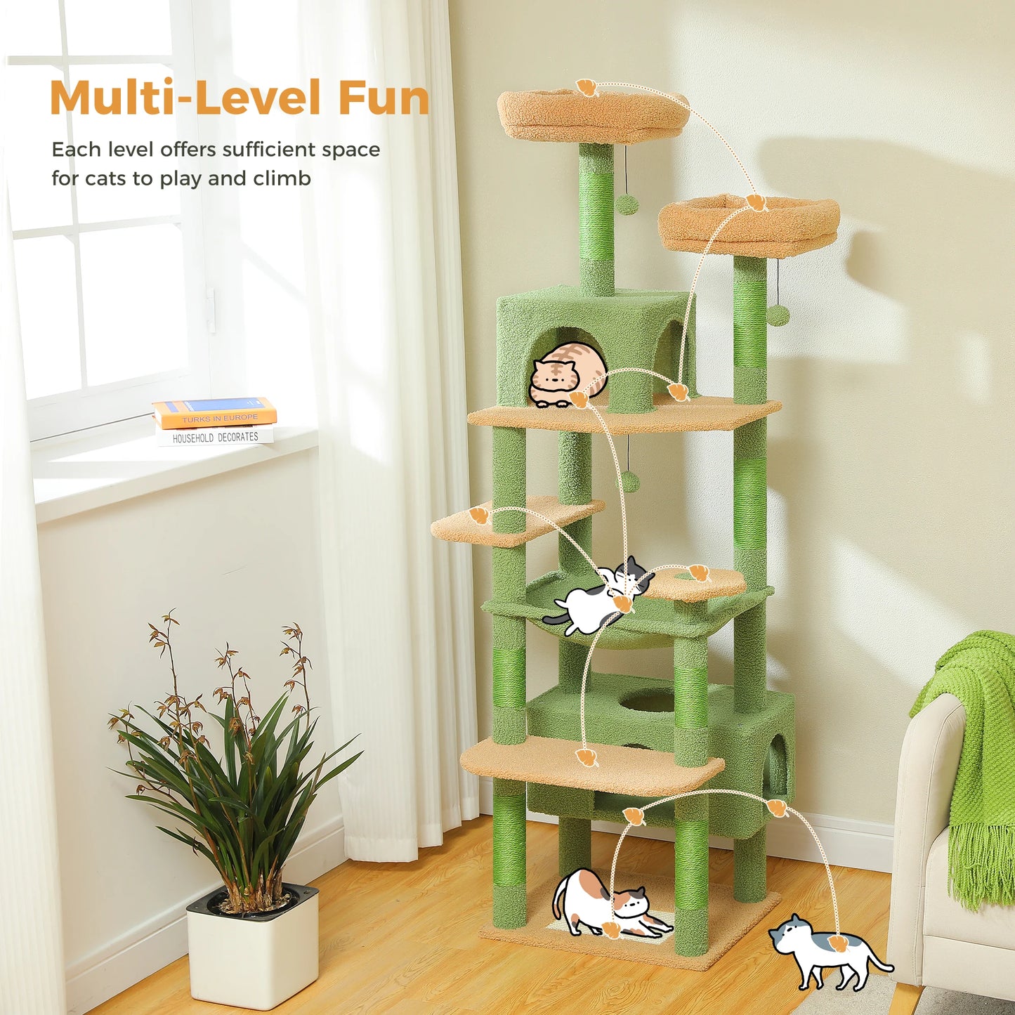 H184CM Large Cat Tower with Sisal Scratching Posts Spacious Condo Perch Stable for Kitten Multi-Level Tower Indoor Cozy Hummocks