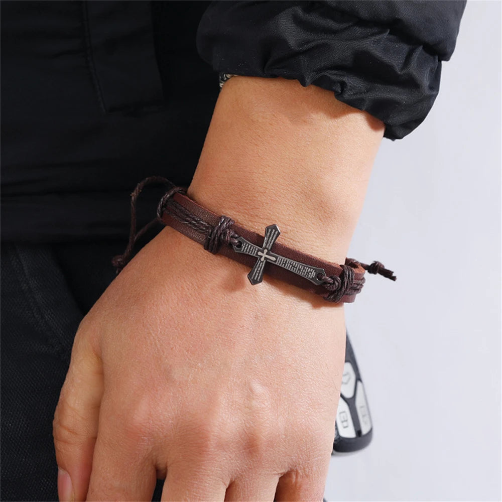 Retro Punk Cross Faith Bracelet For Women Men Religious Braided Leather Adjustable Bracelets Christian Jewelry Gifts