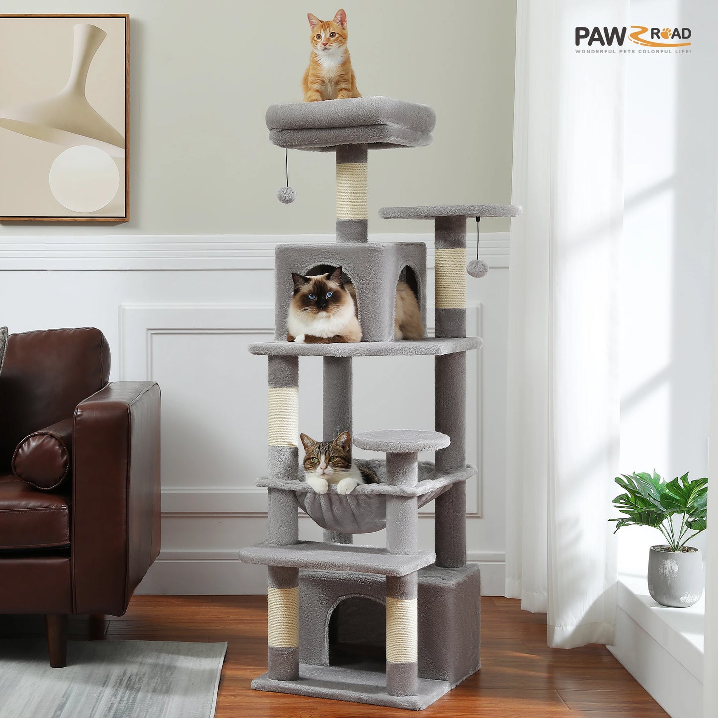 H184CM Large Cat Tower with Sisal Scratching Posts Spacious Condo Perch Stable for Kitten Multi-Level Tower Indoor Cozy Hummocks