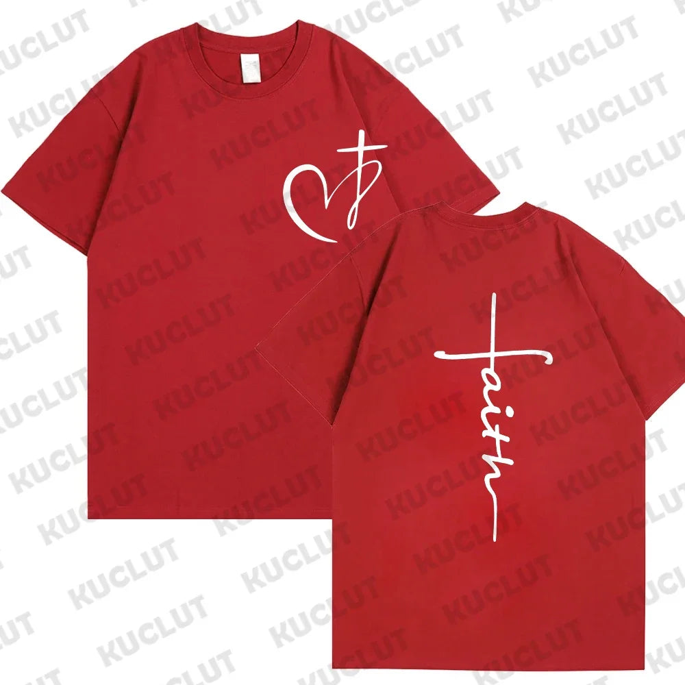 Heart Cross Print Christian T-shirt for Men Clothes Faith Male T-shirts Summer Plus Size Tee Shirt Oversized T Shirt Jesus Tops