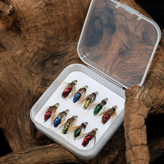 10PCS  Hot Sale Brass Bead Head Fast Sinking Nymph Scud Fly Bug Worm Trout Fishing Flies Artificial Insect Fishing Bait Lure