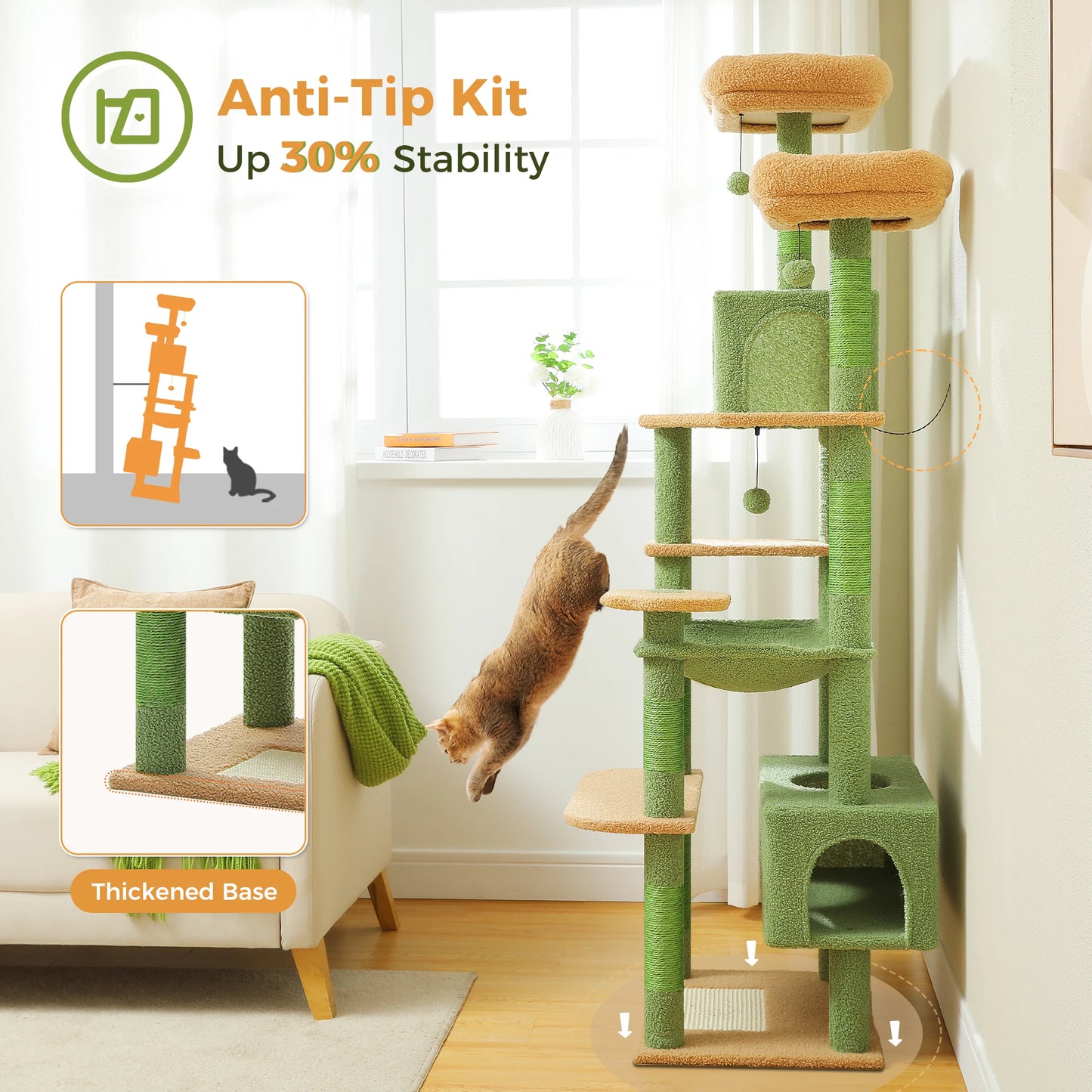 H184CM Large Cat Tower with Sisal Scratching Posts Spacious Condo Perch Stable for Kitten Multi-Level Tower Indoor Cozy Hummocks