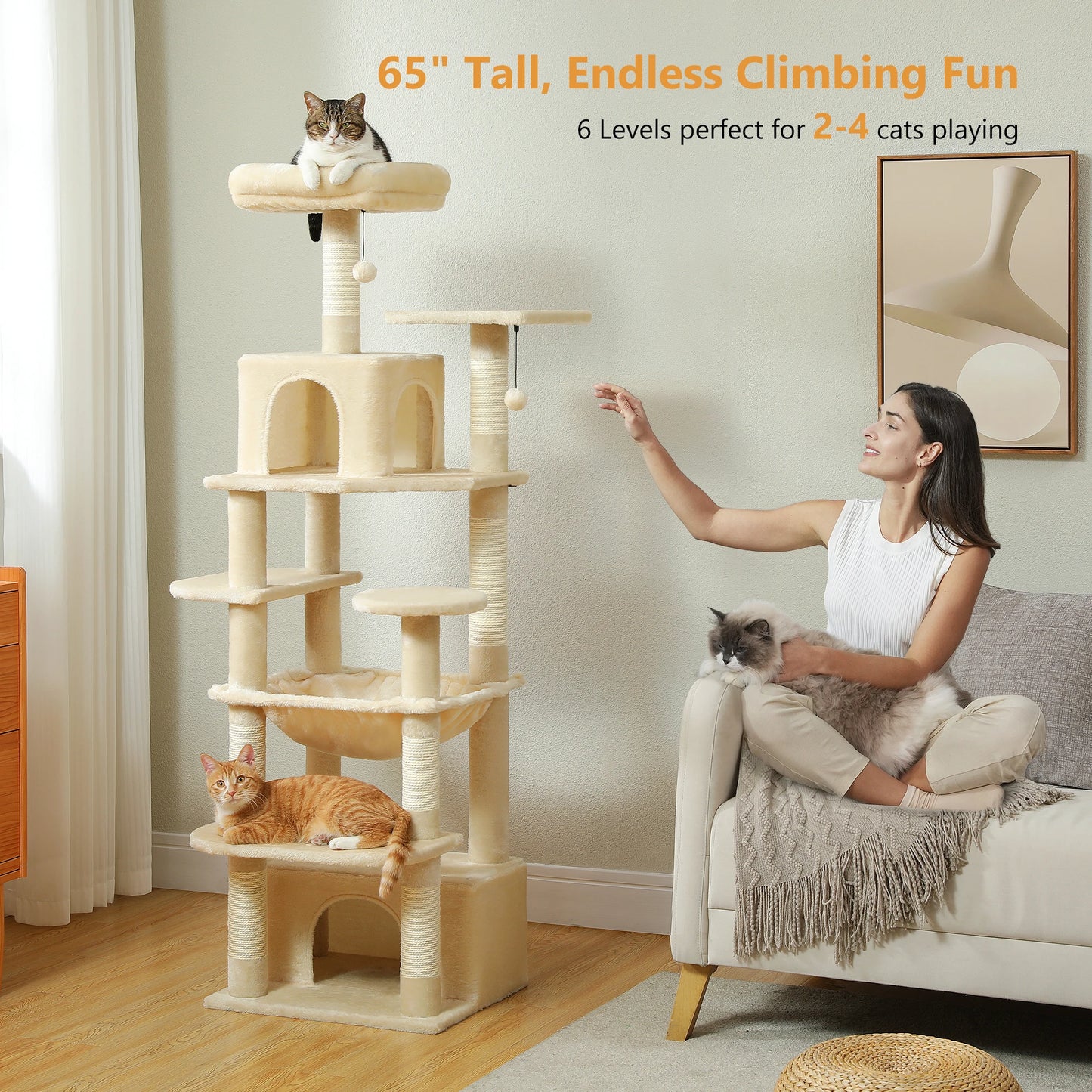 H184CM Large Cat Tower with Sisal Scratching Posts Spacious Condo Perch Stable for Kitten Multi-Level Tower Indoor Cozy Hummocks