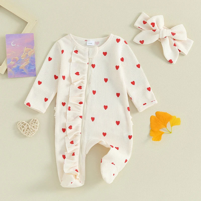 0-6M Newborn Baby Girl Valentines Day Outfit Ruffle Heart Long Sleeve Footie Waffle Romper Headband Set