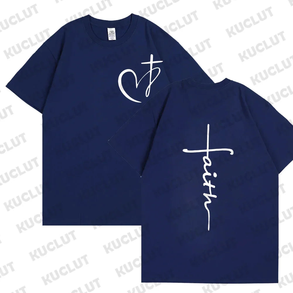 Heart Cross Print Christian T-shirt for Men Clothes Faith Male T-shirts Summer Plus Size Tee Shirt Oversized T Shirt Jesus Tops