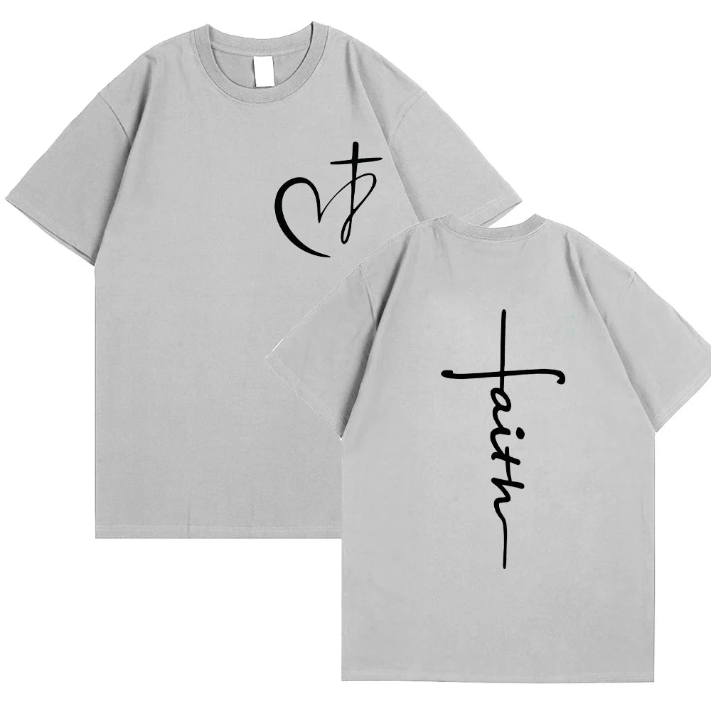 Heart Cross Print Christian T-shirt for Men Clothes Faith Male T-shirts Summer Plus Size Tee Shirt Oversized T Shirt Jesus Tops