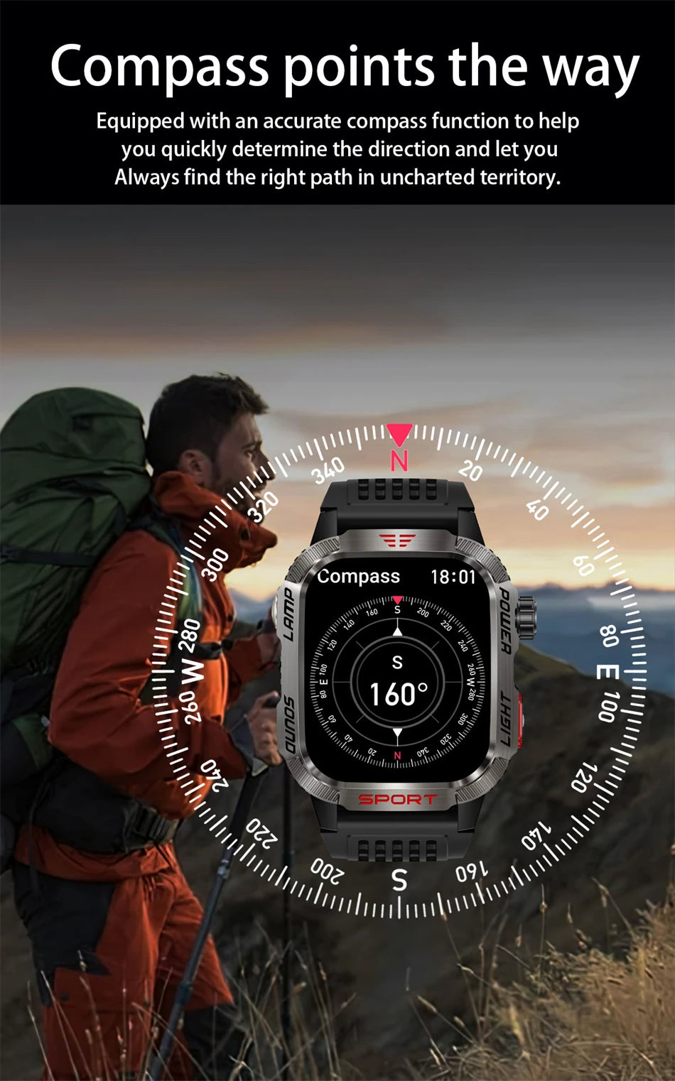 New For Huawei Xiaomi Military GPS Smart Watch Men Flashlight Compass Waterproof Outdoor Sport Tracker Bluetooth Call Smartwatch