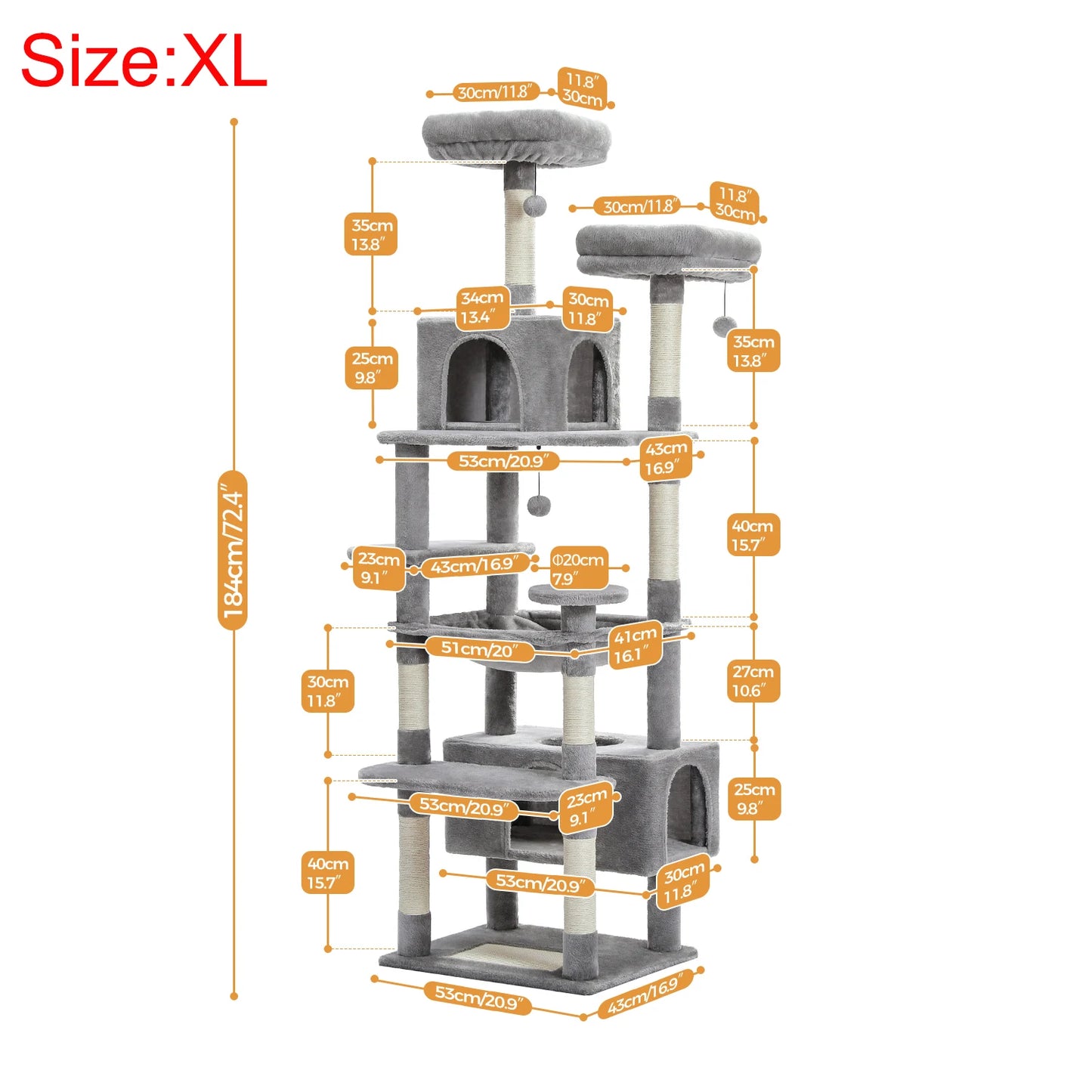 H184CM Large Cat Tower with Sisal Scratching Posts Spacious Condo Perch Stable for Kitten Multi-Level Tower Indoor Cozy Hummocks