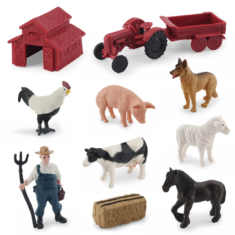 12pcs Simulation Farm Poultry Wild Animals Action Figures Model Rooster Pig Cow Sheep Horse Goose Collie Mini Toy for Children