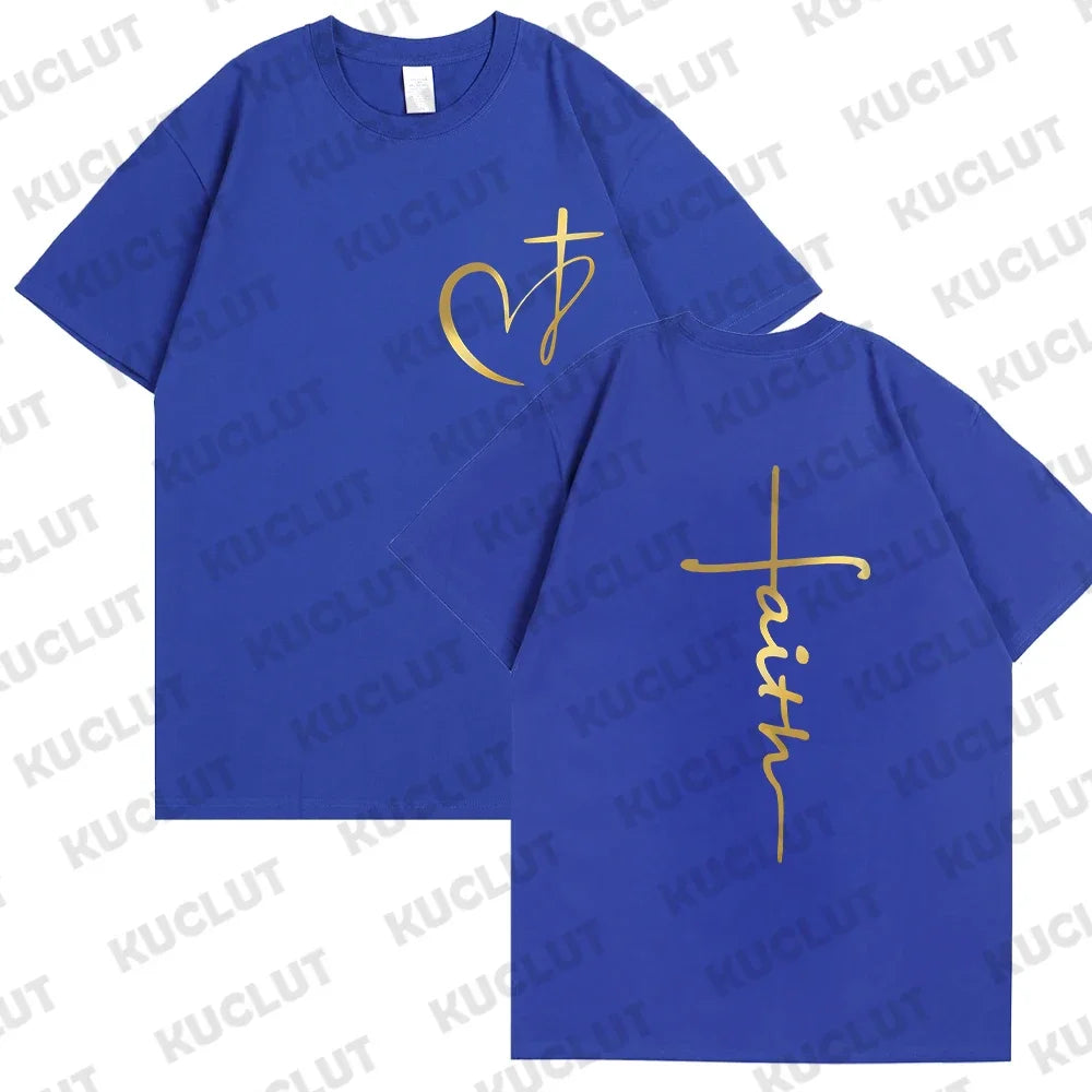 Heart Cross Print Christian T-shirt for Men Clothes Faith Male T-shirts Summer Plus Size Tee Shirt Oversized T Shirt Jesus Tops