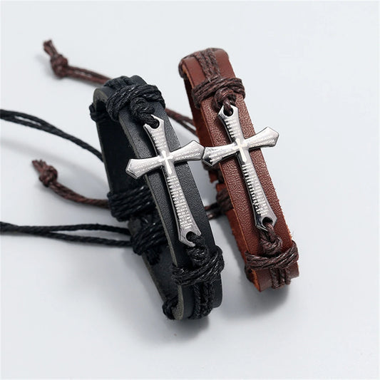 Retro Punk Cross Faith Bracelet For Women Men Religious Braided Leather Adjustable Bracelets Christian Jewelry Gifts