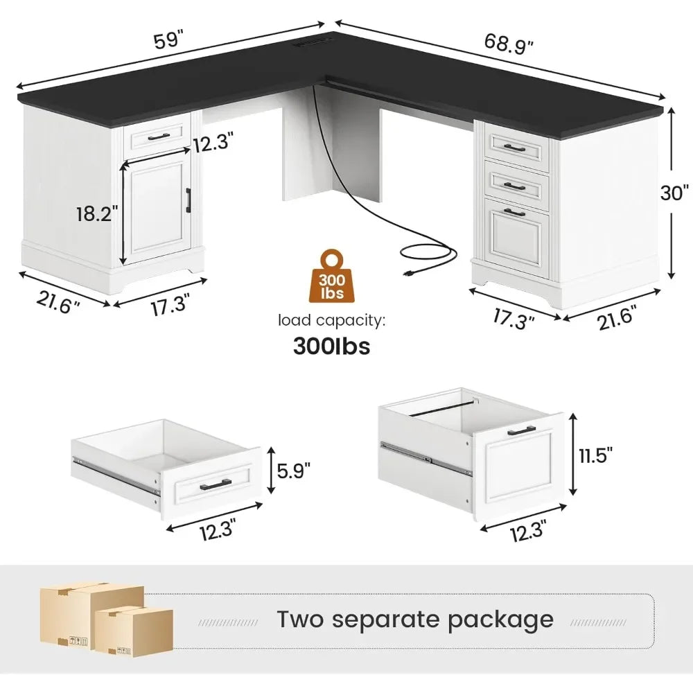 Farmhouse 69" Executive L Shaped Desk, Home Office Desk with Drawers and Storage Cabinet & Power Outlet, Corner Computer Desk