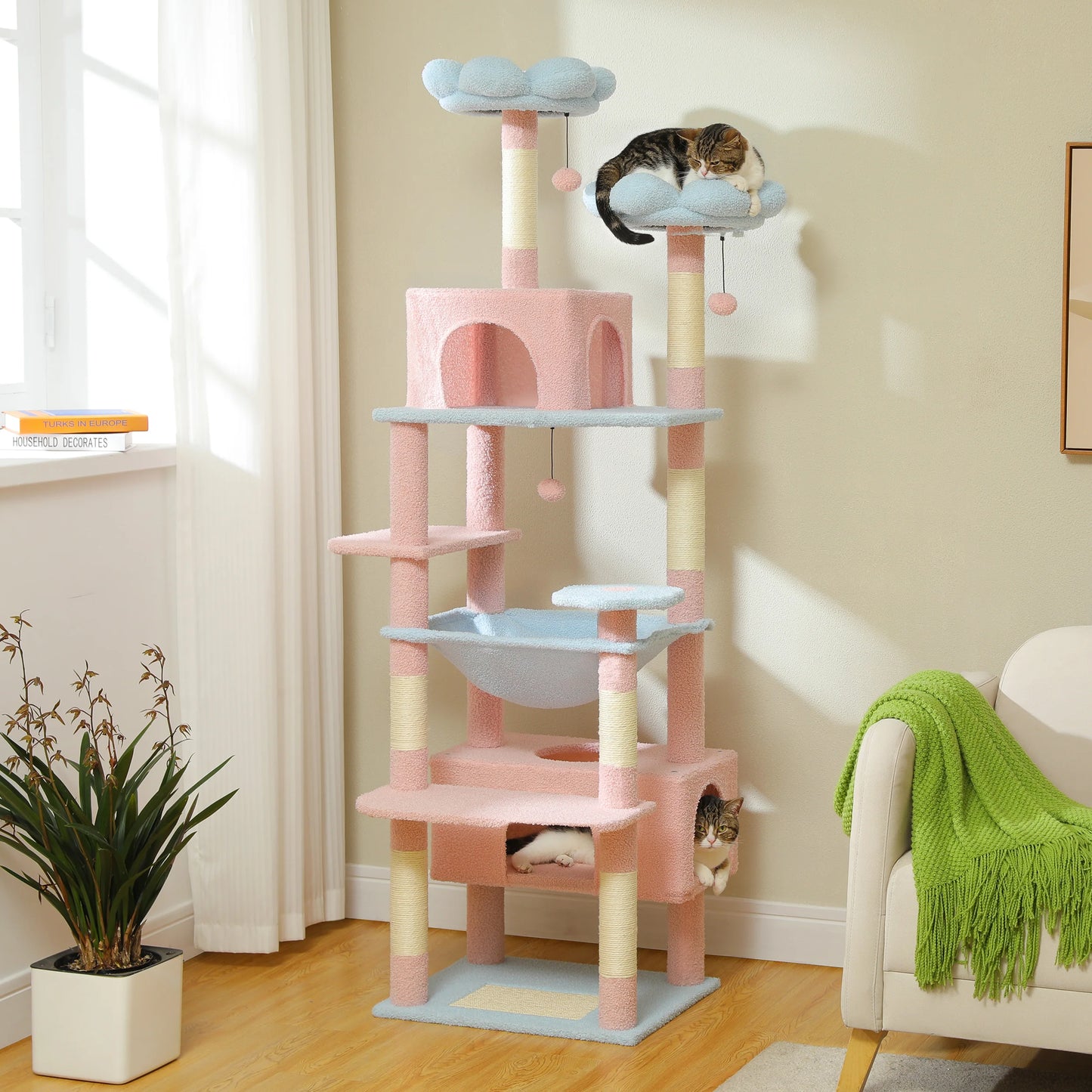 H184CM Large Cat Tower with Sisal Scratching Posts Spacious Condo Perch Stable for Kitten Multi-Level Tower Indoor Cozy Hummocks