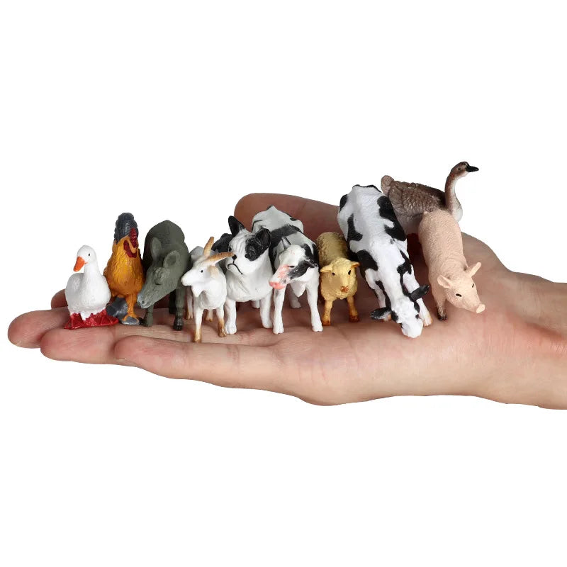 12pcs Simulation Farm Poultry Wild Animals Action Figures Model Rooster Pig Cow Sheep Horse Goose Collie Mini Toy for Children