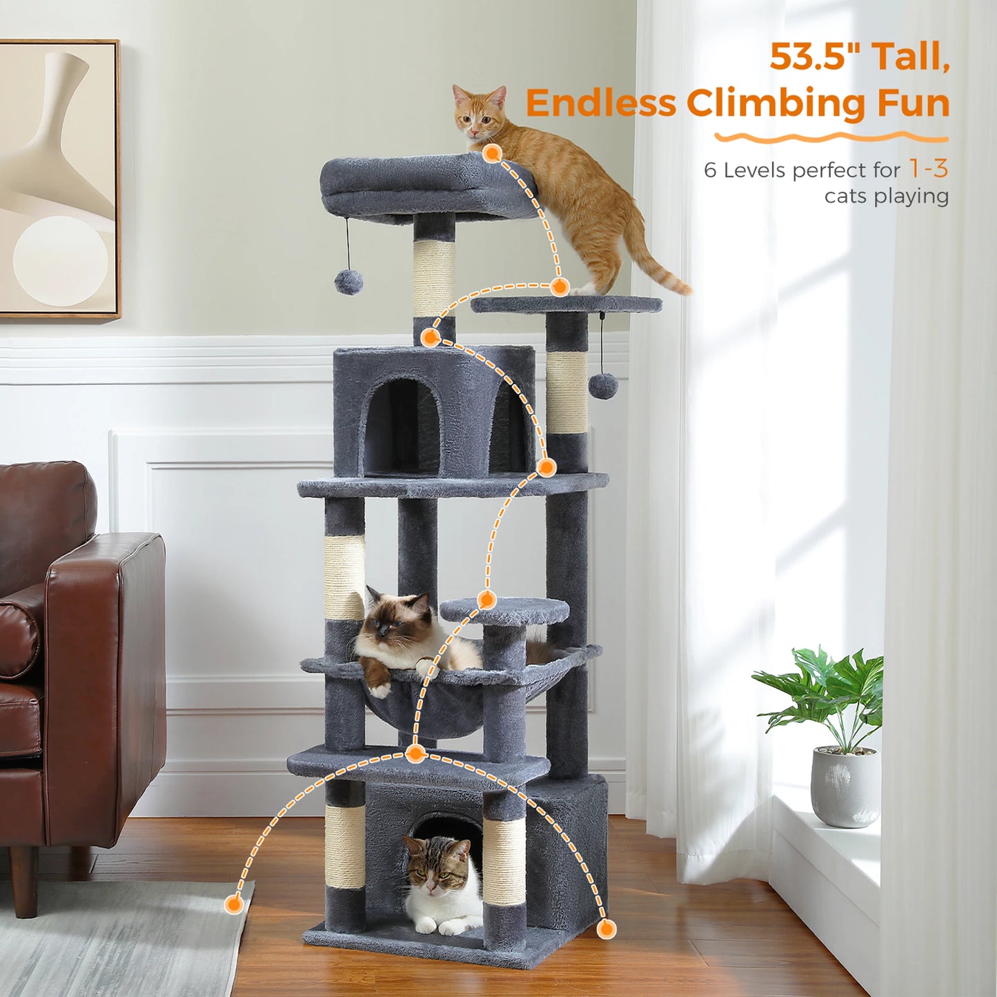 H184CM Large Cat Tower with Sisal Scratching Posts Spacious Condo Perch Stable for Kitten Multi-Level Tower Indoor Cozy Hummocks