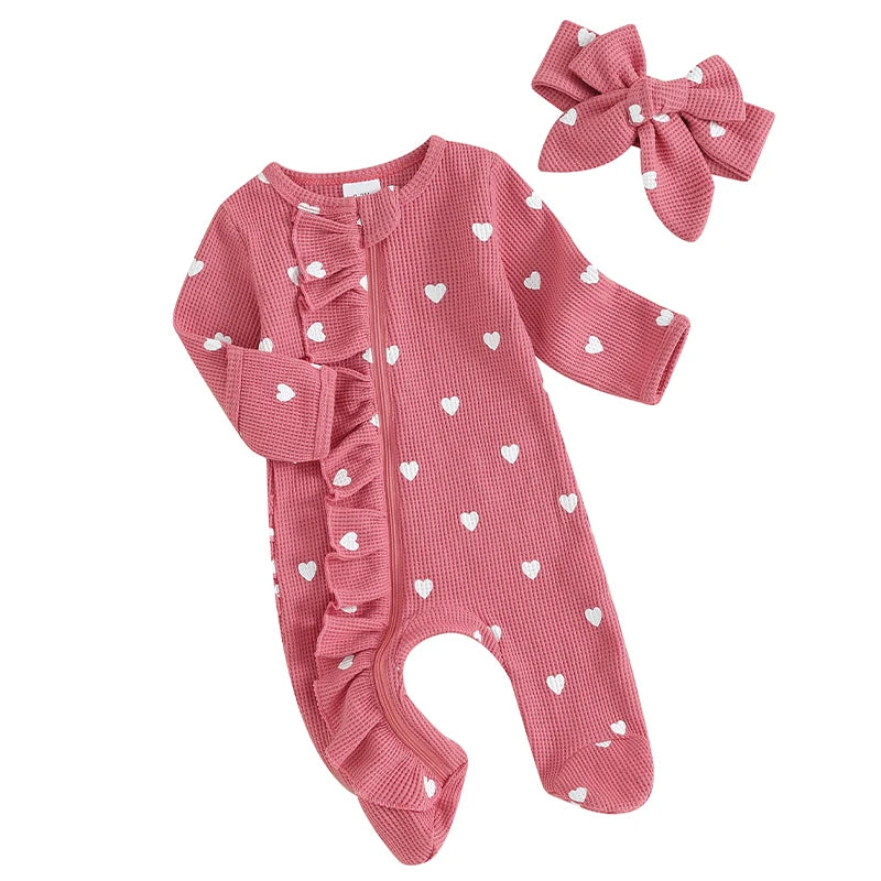 0-6M Newborn Baby Girl Valentines Day Outfit Ruffle Heart Long Sleeve Footie Waffle Romper Headband Set