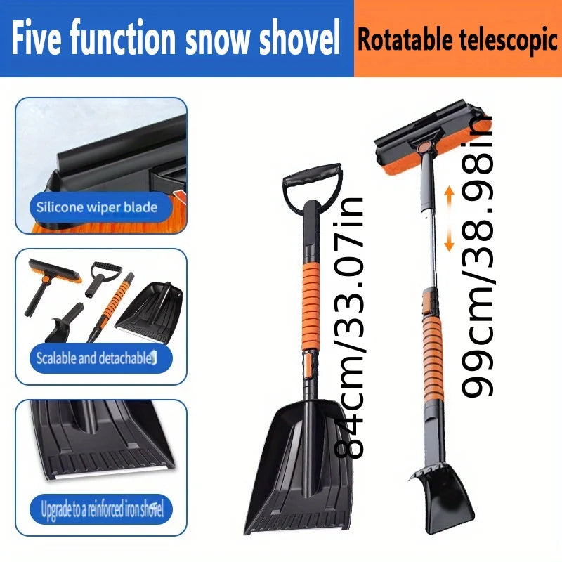 5-in-1 Snow Removal Tool Set,Retractable Snow Shovel with Rotating Snow Brush,Car Window Glass Snow Scraper,Aluminum Snow Shovel