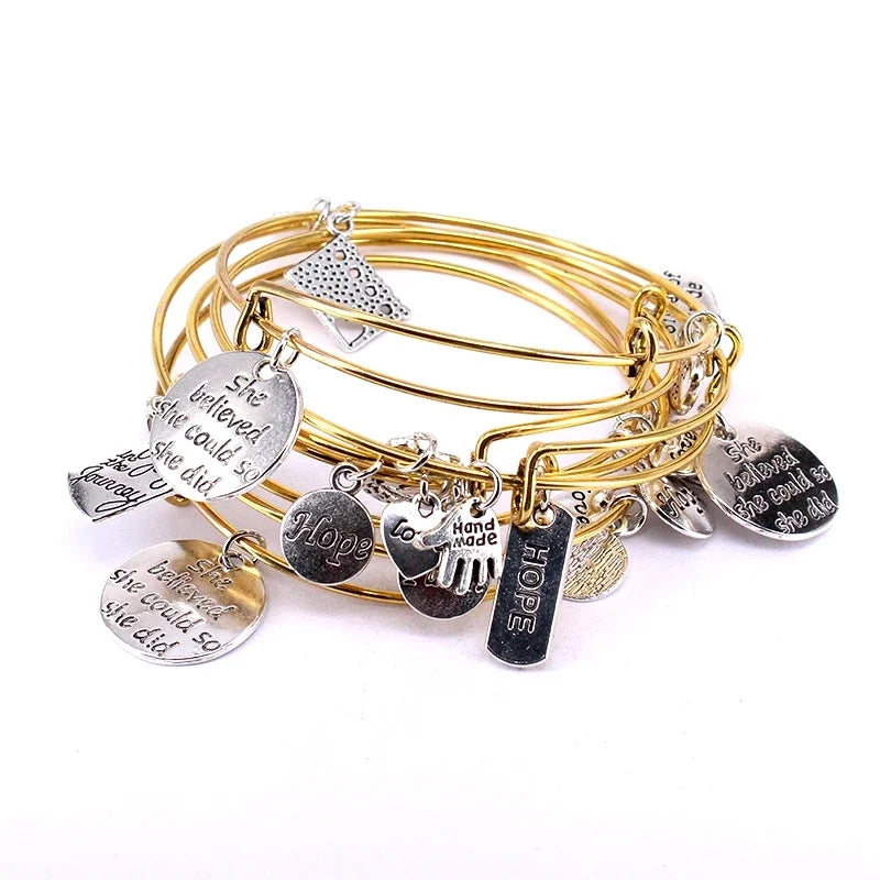 5pcs Bracelet Set Silver Color & Gold Color Bracelets for Women Girls Jewllery Love Hope Faith Letter Charm Bracelets C034