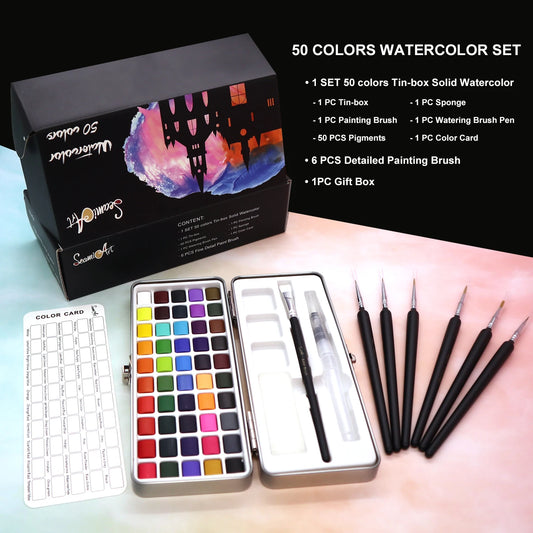 SeamiArt 50Color Solid Watercolor Paint Set Portable Metal Box Painting Pigment for Beginner Drawing Colors Palette Art Supplies