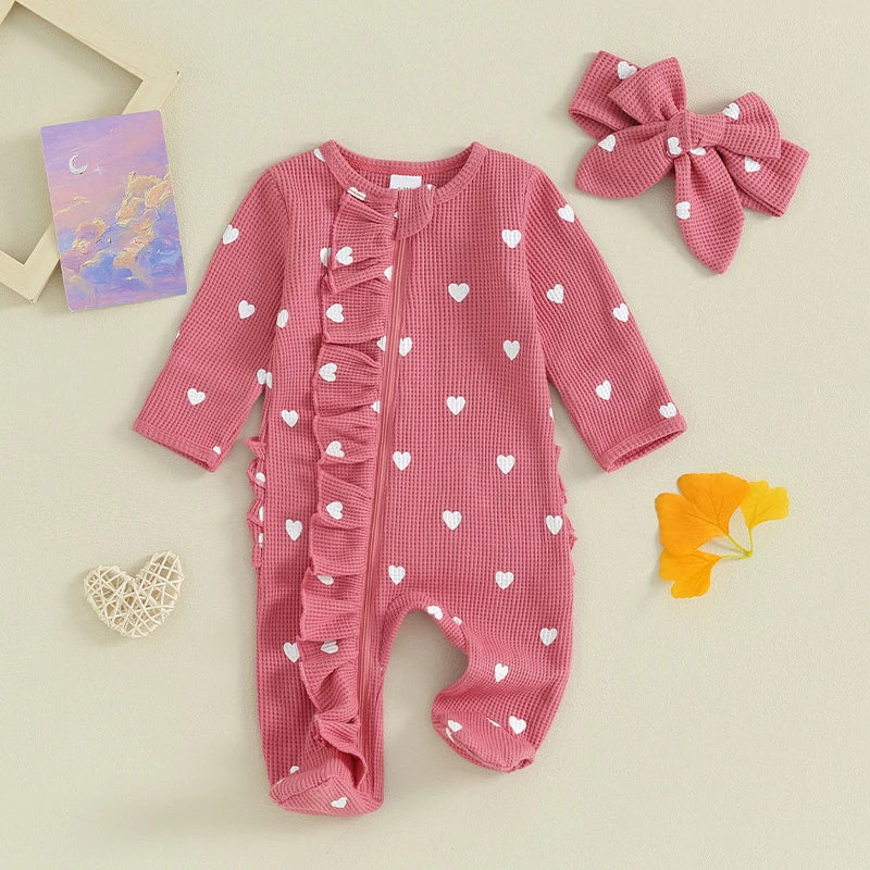 0-6M Newborn Baby Girl Valentines Day Outfit Ruffle Heart Long Sleeve Footie Waffle Romper Headband Set