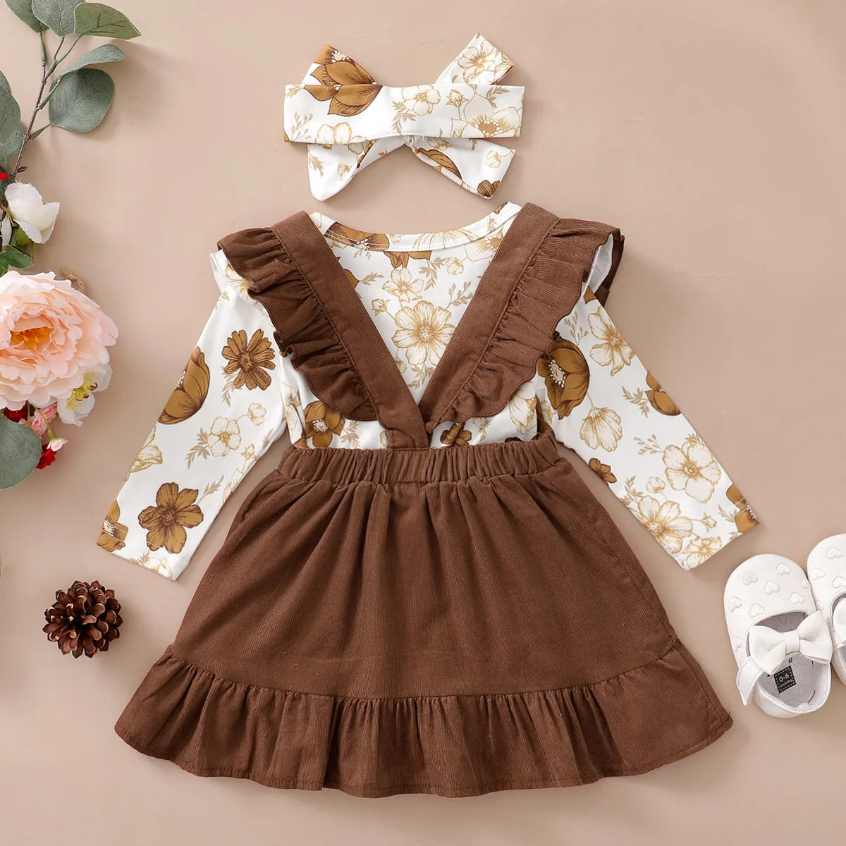 0-12Months Newborn Baby Girl 3PCS Clothes Set Floral Long Sleeve Top+Suspender Skirt+Headwear Fashion Spring&Autumn Daily Outfit