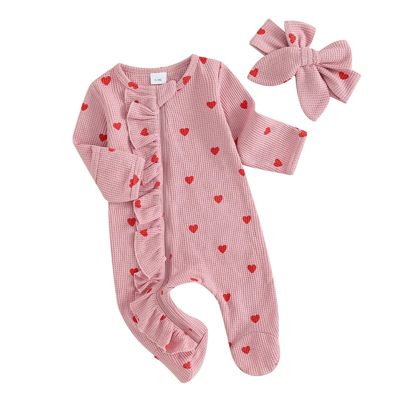 0-6M Newborn Baby Girl Valentines Day Outfit Ruffle Heart Long Sleeve Footie Waffle Romper Headband Set